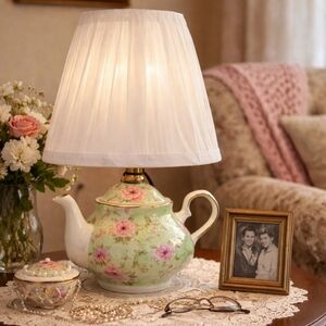 Karma Home Pink & Green Floral Teapot Mini Lamp